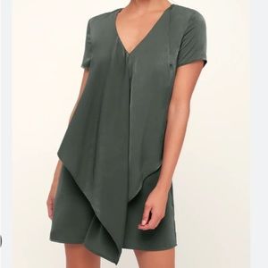 Dear Friend Washed Olive Satin Green Drape Front Shift Dress